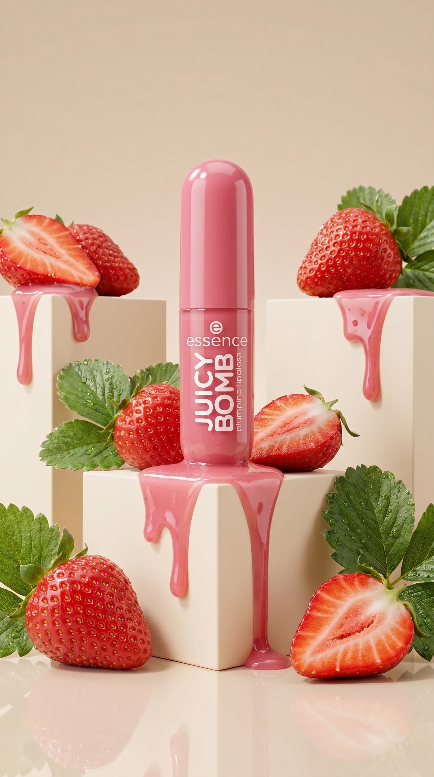 Essence Juicy Bomb lesk na pery s jahodami — produktový vizuál